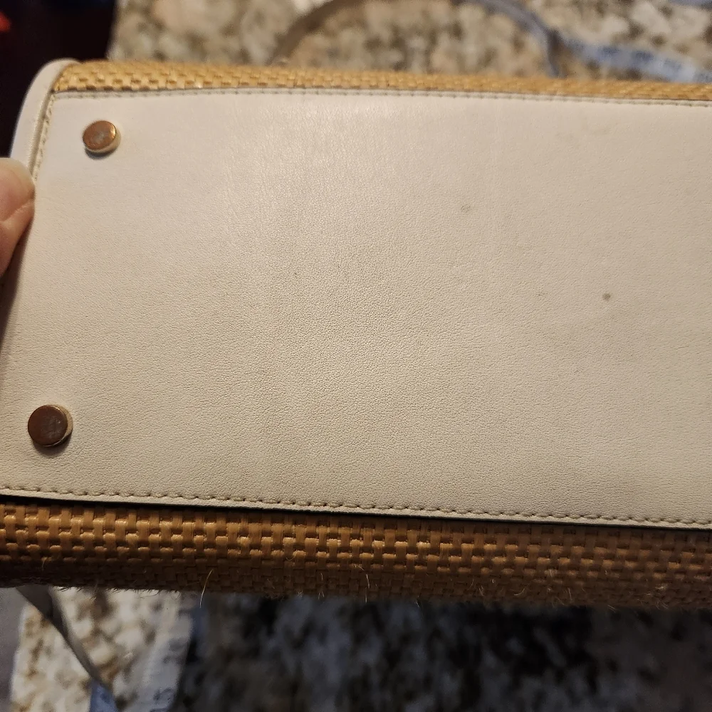 Kate Spade Handbag, Lucia Straw Medium Satchel Tan & White Crossbody EUC Summer
